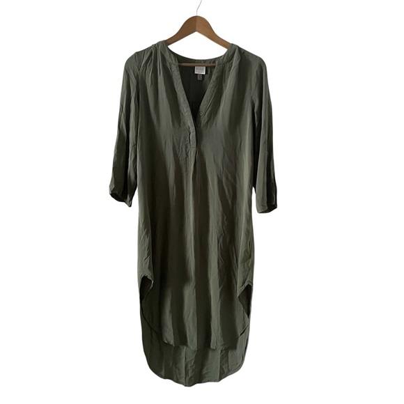Cupio Sage Green Shirt Dress 3/4 Sleeve Size M V Neck High Low Oversized Midi - Picture 1 of 10